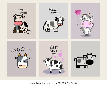 Set of cows, cattle cartoon animal character poultry farm vector illustration collection.
