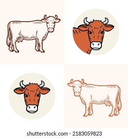 Set of cows. Farm animal. Hand drawn sketch. Vintage style. Color vector illustration.