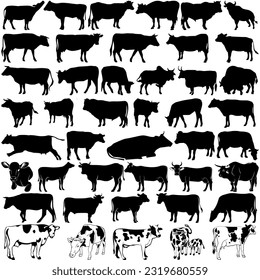 Set of cows silhouettes, cow vector