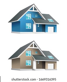 Set of cozy 3d houses, beige and blue with garage and porch. Vector illustration, editable clipart. House on a white background. Icon, symbol of construction, rental, purchase of real estate, comfort.