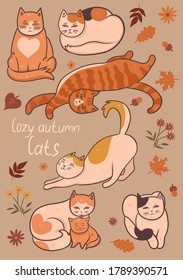 Set of cozy autumn cats. Vector graphics.