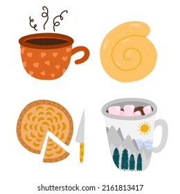 Set of cozy autumn clip arts with seasonal food and drinks. Cute cup of hot coffee, ceramic mug with cacao and marshmallows, apple pie with cinnamon, baked bun. Hygge hand drawn illustration.