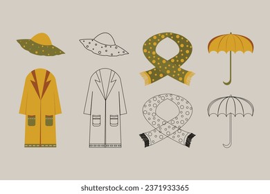 Set of cozy autumn clothes. Coats, hats, scarves and umbrellas. Vector illustration made in black, green, yellow, red colors on beige background.	