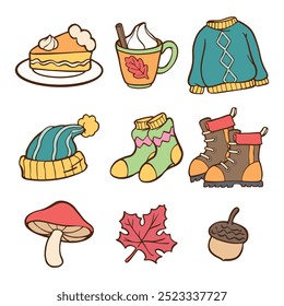 Set of cozy autumn element, sweater, coffee, leaves, socks, boots, mushroom, oak etc. Cute cartoon hand drawn collection of fall season elelment, Groovy doodle style.