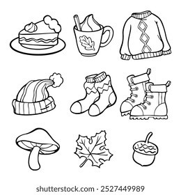 Set of cozy autumn element, sweater, coffee, leaves, socks, boots, mushroom, oak etc. Cute cartoon doodle and hand drawn line art collection of fall season elelment.