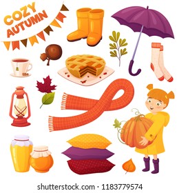 Set cozy autumn elements in cartoon style isolated on white background: girl in yellow raincoat, scarf, pumpkin pie, acorn, rubber boots, pillows, honey jars, umbrella, socks. Season vector elements 