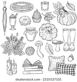 Set of cozy autumn elements. Fall collection. Umbrella, books, coffee, mushroom, rubber boot, pumpkin, pie. Vector illustration in hand drawn sketch style. Line art isolated on white for coloring book