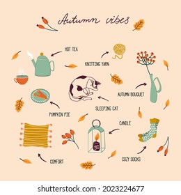 Set of cozy autumn elements: falling leaves, cat, candle, socks, tea, pumpkin pie and other. Autumn vibes. Hand drawn vector illustration. Cute print for clothes, posters, cards, books and magazines.