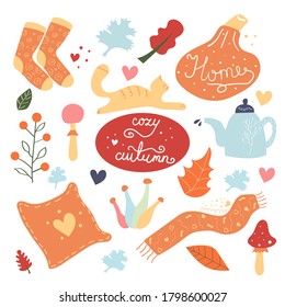 Conjunto de elementos acogedores del otoño. Ilustración vectorial plana.