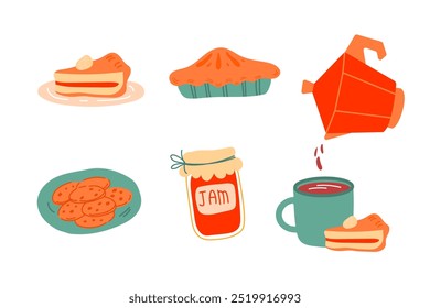 Set of cozy autumn elements: a jar of jam, cookies on a plate, a coffee pot, a pie, a cup of coffee, piece of pumpkin pie. Cute scrapbook stickers collection of fall season elements.