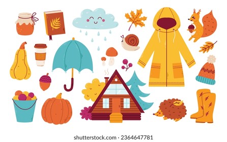 Set of cozy autumn elements. Pumpkin, harvest, umbrella. Vector hand drawn illustration