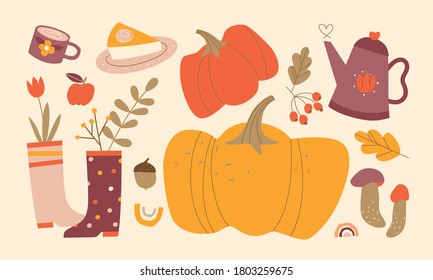 Set of cozy autumn elements - pumpkins, leaves, teapot and pie, mushrooms, rain boots and flowers.