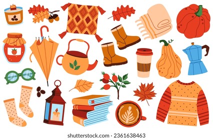 Set of cozy autumn elements: pumpkins, umbrella, sweater, moka pot, candle, leaves, coffee, pillow, books, lantern, boots etc. Cute scrapbook collection of fall season elements.