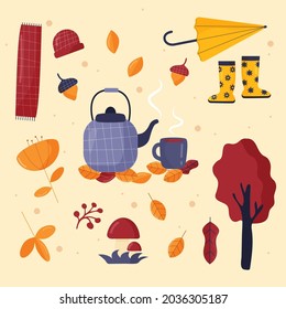 A set of cozy autumn elements: an umbrella, a teapot, autumn leaves , a pumpkin. Flat-style illustration