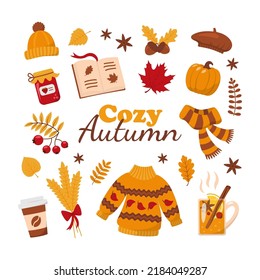 Set of cozy autumn elements - warm sweater, scarf, leaves, mug of mulled wine, open book, pumpkin, jar of jam, etc. Hygge time collection. Isolated on white background. Flat vector illustration