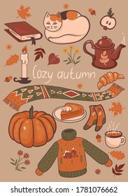 Conjunto de acogedores elementos gráficos de otoño. Gráficos vectoriales.