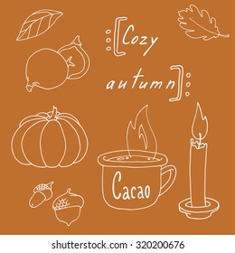 Set of cozy autumn motives on brown background. Silhouettes of candle, leaves, cacao mug, pumpkin, acorn and figs.