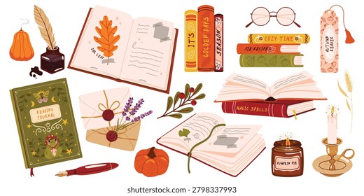 Set of cozy autumn reading elements with books, reading journal, open notebooks, fountain pen, ink bottle, letters, candles, bookmark and seasonal decor. Fall reading collection in hand drawn style