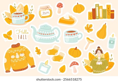 Set of cozy autumn stickers with cute seasonal vector elements - pumpkin, leaves, fall mug with tea or coffee, pumpkin pie, girl in warm sweater, teapot, hello fall, mushrooms, socks, books and so on