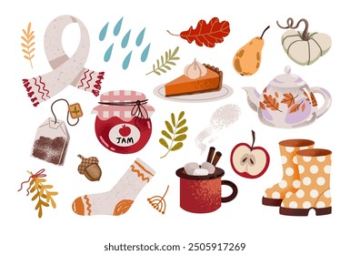 Set of Cozy autumn stickers for daily planner. Scrapbooking elements collection: pumpkin, warming drink, scarf, knitted socks, falling leaves. 