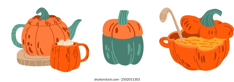 A set of cozy autumn stickers, dishes in the shape of a pumpkin, a teapot, a cup, a tureen with pumpkin soup, a jar for spices. Vector autumn illustration for scrapbooking and design.