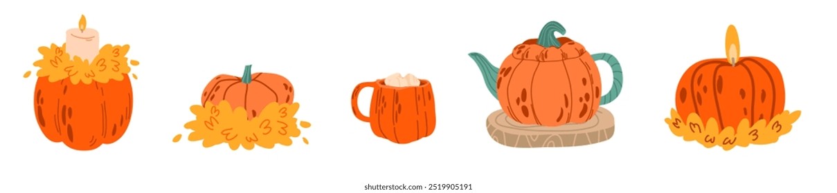 set of cozy autumn stickers of dishes and candles, a teapot and a pumpkin-shaped mug. Autumn vibe. Vector illustration