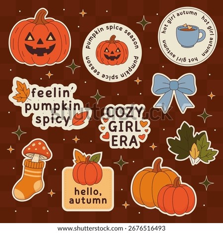 Set of Cozy Autumn Stickers. Fall Collection Icons. Cozy Girl Era Badges