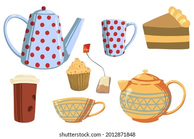 Set of cozy autumn or winter tea party. Vector illustrations of teapots and mugs, paper cup, homemade cakes, tea bag. Cartoon colored clipart isolated on white. For decor, sticker, design, card, print