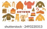 Set of cozy autumnal sweaters, scarves, socks, and warm accessories. Fall apparel clothes, cardigan, beanie kit. Vector hand drawn flat collection illustration isolated on white background.