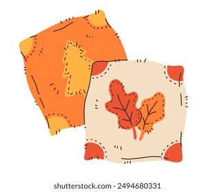 Set of cozy autumnal sweaters, scarves, socks, and warm accessories. Fall apparel clothes, cardigan, beanie kit, pillow. Vector hand drawn flat cartoon collection illustration