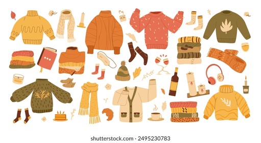 Set of cozy autumnal sweaters, scarves, socks, and warm accessories. Fall clothes kit. Vector hand drawn flat collection illustration isolated on white background.