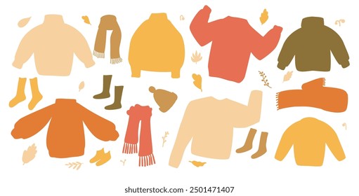 Set of cozy autumnal sweaters, scarves, socks, and warm accessories. Fall clothes kit. Vector hand drawn flat collection illustration isolated on white background.