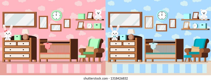 Set cozy baby room interior pink for girl and blue for boy with cot, lamp, bear rabbit toys, bodysuit, carpet, alarm clock, chest of drawers in cartoon flat style. Vector interior scene illustration.