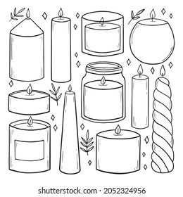 Set of cozy candles doodle. Hygge home decoration, wax candles for relax and spa in sketch style. Hand drawn vector illustration isolated on white background.