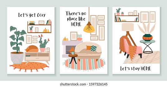 Set of cozy cards with interiors and decorations vector illustration. Collection consists of templates with comfortable houses and lettering lets get cozy, theres no place like home, lets stay home