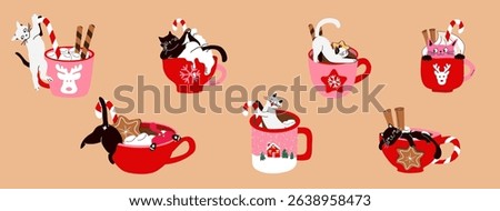 Set of Cozy Cats Drinking Hot Chocolate.  Holiday Candy Cane Vibes