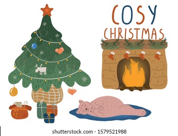 Set of cozy christmas elements isolated on white background. Christmas tree, gifts, fireplace, rat peeks out of a gift bag. The cat sprawled sleeping on the rug. Vector flat cartoon illustration.