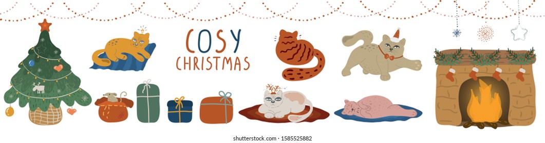 Set of cozy christmas elements isolated on white background. Funny cats, Christmas tree, gifts, fireplace, rat peeps out of a gift bag. Vector flat cartoon illustration.