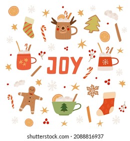 Set of cozy Christmas, New year, winter elements. Gingerbread cookies cocoa cups, candy cane, cinnamon stick, marshmallow. Vector cartoon flat illustration.