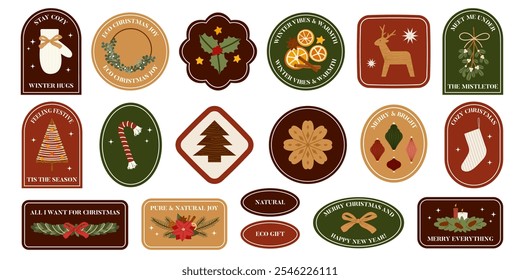 A set of cozy Christmas stickers with festive icons mittens, holly, reindeer, candy canes, and ornaments. Eco friendly labels for seasonal decorations, packaging, or crafting projects