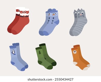 Set of cozy Christmas, and winter socks, featuring playful designs like Santa, snowmen, and Christmas trees. Includes a gift box with patterned socks and vibrant holiday colors, perfect for a cheerful