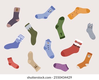 Set of cozy Christmas, and winter socks, featuring playful designs like Santa, snowmen, and Christmas trees. Includes a gift box with patterned socks and vibrant holiday colors, perfect for a cheerful