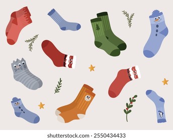 Set of cozy Christmas, and winter socks, featuring playful designs like Santa, snowmen, and Christmas trees. Includes a gift box with patterned socks and vibrant holiday colors, perfect for a cheerful