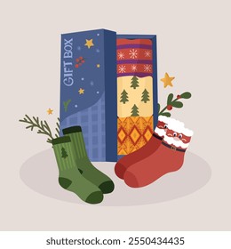 Set of cozy Christmas, and winter socks, featuring playful designs like Santa, snowmen, and Christmas trees. Includes a gift box with patterned socks and vibrant holiday colors, perfect for a cheerful