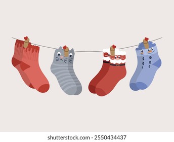 Set of cozy Christmas, and winter socks, featuring playful designs like Santa, snowmen, and Christmas trees. Includes a gift box with patterned socks and vibrant holiday colors, perfect for a cheerful