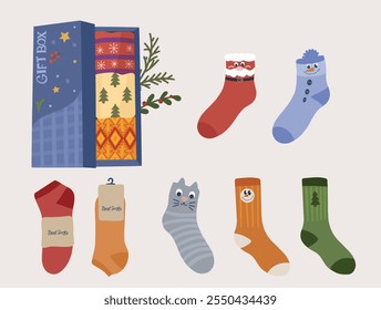 Set of cozy Christmas, and winter socks, featuring playful designs like Santa, snowmen, and Christmas trees. Includes a gift box with patterned socks and vibrant holiday colors, perfect for a cheerful