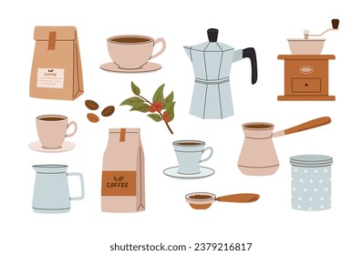 Set of cozy coffee bean and accessories. Brewing methods. Cappuccino cup, packaging, grinder, cezve, geyser, latte vector illustrations. 
