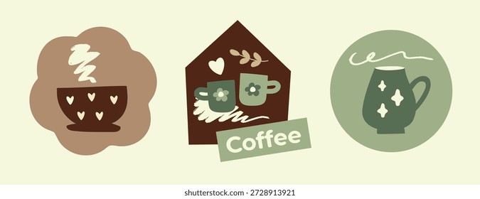 Conjunto de aconchegantes adesivos de café e emblemas com copos desenhados à mão e canecas. Paleta de cores terrosas quentes, ilustração de estilo folk e doodle.