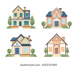 Set of cozy country houses. Village cottages collection. Flat style architecture illustration