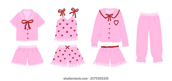 Set of cozy cute woman homewear. Coquette pink comfy pajamas, top, shirt, shorts, blouse, pants decorated red bows, hearts, beautiful collar. Vector flat illustration isolated on white background